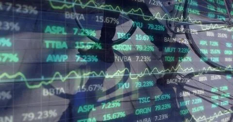 Watching reflected male in dark top and glasses monitoring tickers and charts on Stock Illustration