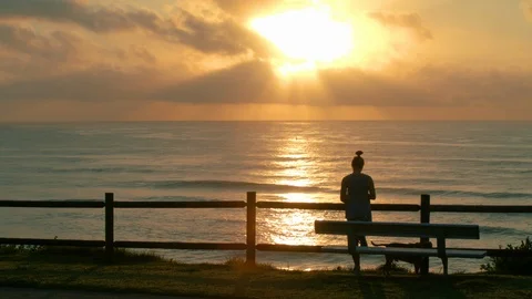 Watching sunrise over water while walking dog Stock Footage 86468399