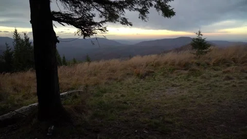 Watching the sunset from a mountain overlook in the evening with trees 库存影片 330120738