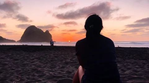 Watching the sunset over Lion Rock at Piha Beach Stock Footage 346401183