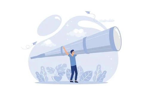 Watching through a spyglass, looking to the future, Business Character Fore.. Illustrazione stock