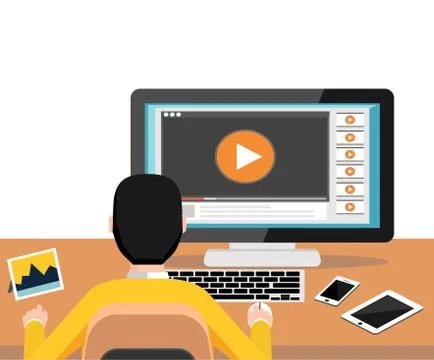 Watching video on computer. Streaming online video. Play button watch media l Stock Illustration