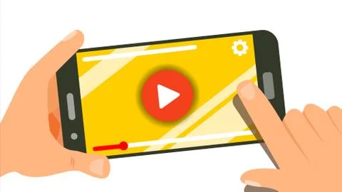 Watching Video On Smartphone Vector. Human Hands With Gadget. Menu Panel. Music Stock Illustration