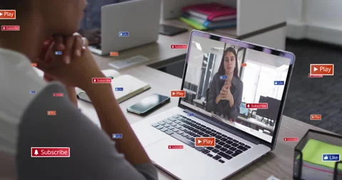 Watching video tutorial, person surrounded by play and subscribe buttons Stock Footage 306341601