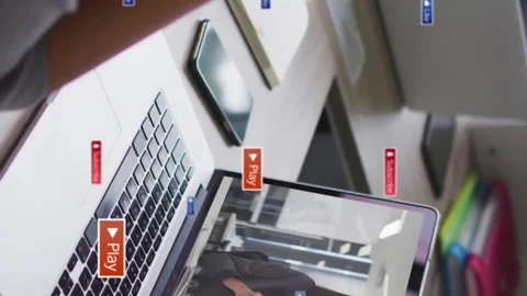 Watching video tutorial, person surrounded by play and subscribe buttons Stock Footage 312945549