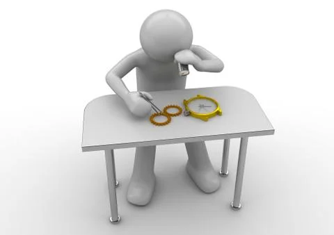 Watchmaker. man at the desk repairs (makes) watch with tools. Stock Illustration