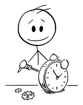 Watchmaker Repairing Alarm Clock , Vector Cartoon Stick Figure Illustration Stock Illustration