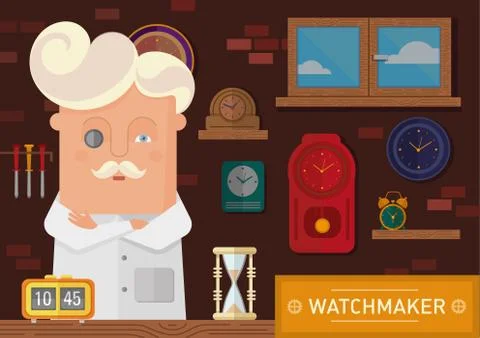 Watchmaker in the workplace with a clock on the wall Stock Illustration