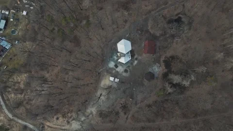 Watchtower in the Czech forest on a mountain View from an unmanned aerial Stock Footage 309228955
