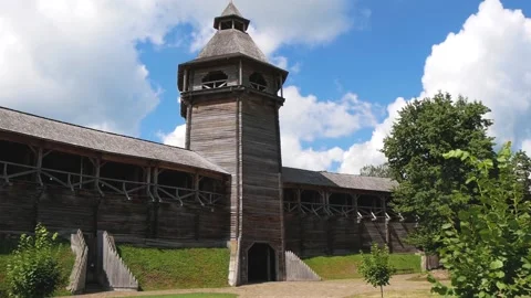 A Watchtower With A Gate And A Covered Wall Of An Old Wooden Fortress Stock Footage 227375712