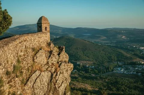 Watchtower made of bricks over cliff in Marvao Stock Photos