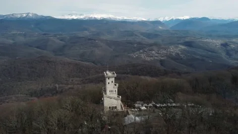 Watchtower on mount Akhun with bare forest on spring day Stock Footage 150819078