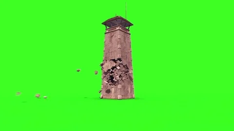 Watchtower Prison Tower Crash Explosion Green Screen Destruction 3D Rendering Stock Footage 83534299