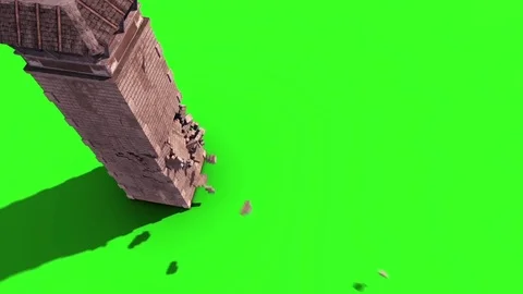 Watchtower Prison Tower Crash Explosion Green Screen Top Destruction 3D Rende Stock Footage 83534430