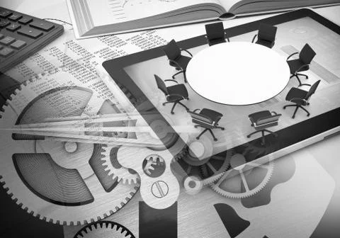 Watchwork wheels with book, tablet, office table Illustrazione stock