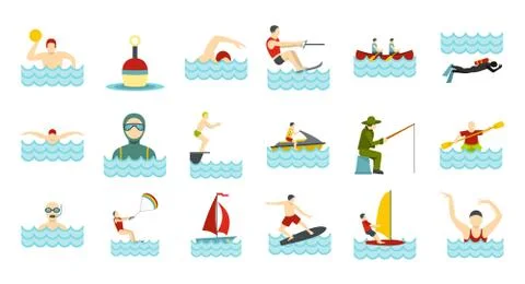 Water activities icon set, flat style Stock Illustration