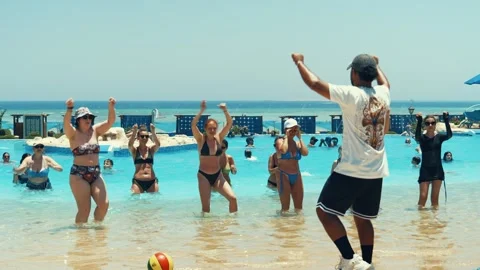 Water aerobics classes in the Gravity Aqua park Hotel pool. Stock Footage 341274271