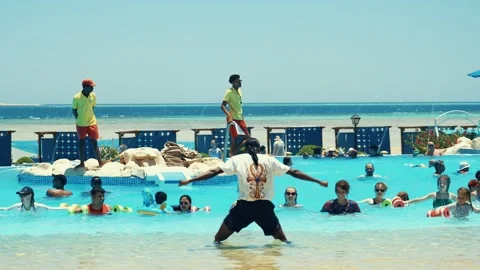 Water aerobics classes in the Gravity Aqua park Hotel pool. Stock Footage 341274485