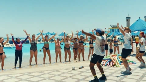 Water aerobics classes in the Gravity Aqua park Hotel pool. Stock Footage 341274540