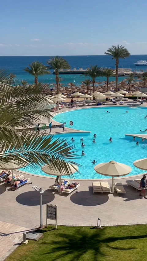 Water aerobics in the pool with an animator top view. Tropical beach front hotel Stock Footage 170793850