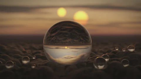 Water on an alien planet in space. Sky with two suns refracting in droplets of Stock Footage 220928815