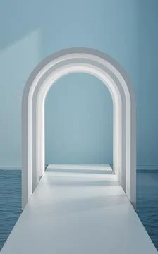 Water and arched door in the empty room, 3d rendering. Illustrazione stock