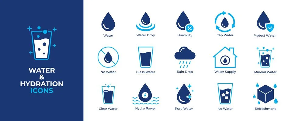 Water and hydration flat vector icon set for health and beverage design Stock Illustration
