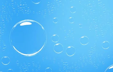 Water background 3d render, air bubble spheres on blue aqua backdrop. Template Illustrazione stock
