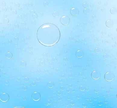 Water background, air bubbles on blue backdrop with aqua spheres. Rain, dew or Stock Illustration