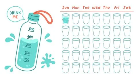 Water balance tracker. 5 glasses per day. Glasses with water. Colored flat Stock Illustration