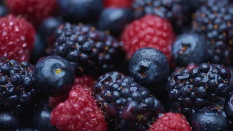 Water being sprayed onto fresh organic berries Stock Footage 276381153