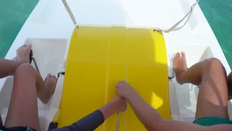 Water bikes (bicycles). Point of view video of family riding water bicycle 스톡 동영상 149055906