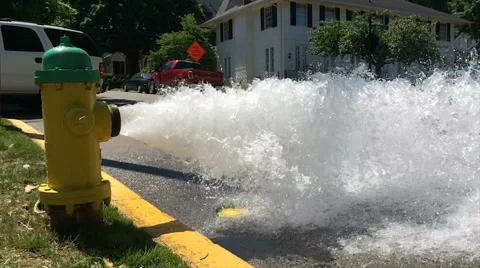 Water Blasts from Fire Hydrant in Slow Motion 2 Stock Footage 50001113