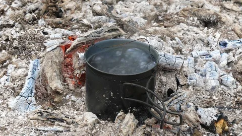 Water Boiling in Cup over Campfire in Woods Stock Footage 112693321