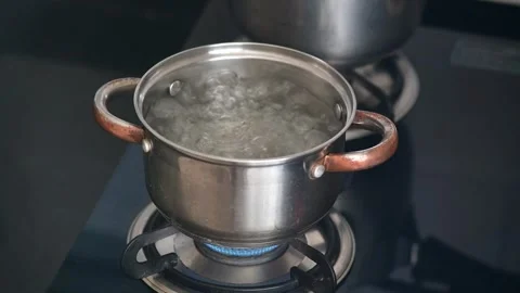 Water boiling in a vessel over a flame on a stovetop Stock Footage 253634989