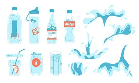 Water Bottle Set and Splash Elements - Hydration Drink Vector Collection Stock Illustration