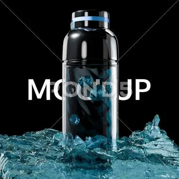 Water Bottle with Water Splash Mockup PSD Template