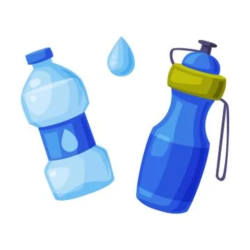 Water Bottles Set, Sports and Plastic Recycled Blue Water Bottle Cartoon Style Stock Illustration