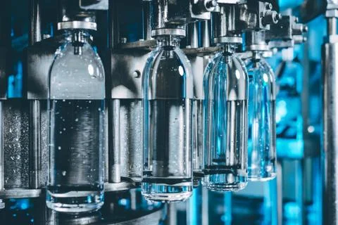 Water bottling line for processing and bottling pure spring water Stock Photos
