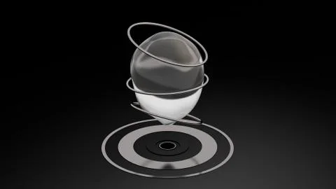 Water bubble and silver rings, black background. Abstract illustration, 3d re Stock Illustration