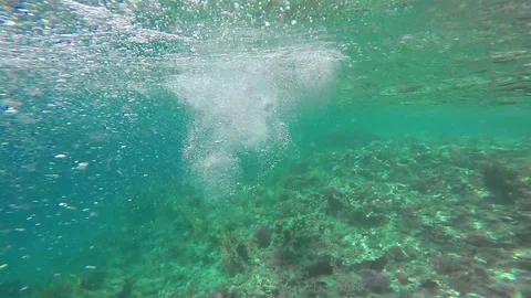 Water Bubbles behind Diver Stock Footage 73849868
