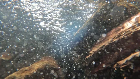 Water bubbles at the bottom of a clear mountain river 2 Stock Footage 319809599