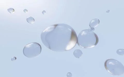 Water bubbles in flowing in space with blue sky background 3d render Stock Illustration