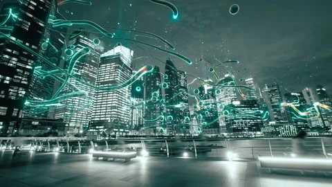 Water bubbles flying through cityscape with skyscrapers on the bay Stock Footage 151735692