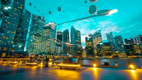 Water bubbles flying through cityscape with skyscrapers on the bay Stock Footage 151735693