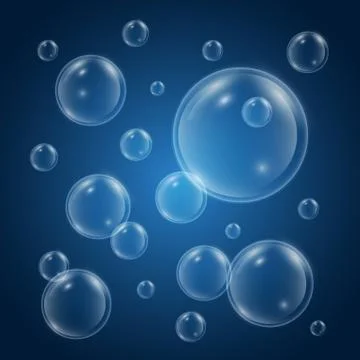 Water bubbles with reflection on blue background. Realistic underwater bubble Stock Illustration