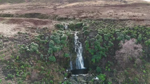 Water cascades down rocky cliffside covered in greenery Video stock 342935211