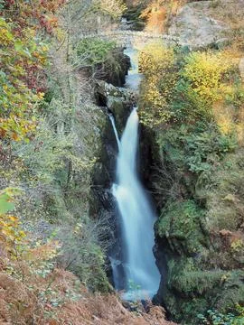 Water cascading down Aira Force waterfall, near Ullswater, Lake District Stock Photos