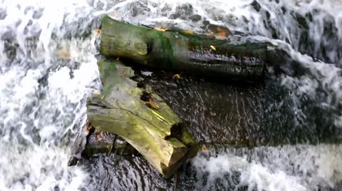 Water cascading down a weir past a wooden log Stock Footage 32395831