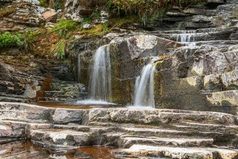 Water cascading over flat rocks in forest Stock Photos